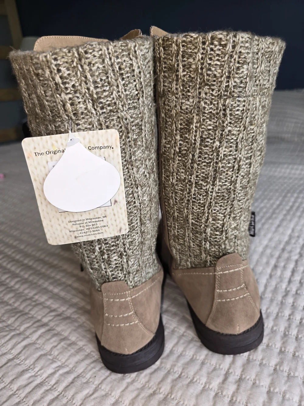 Muk Luks Taupe Suede Mid-Calf Boots with Knit Cuff